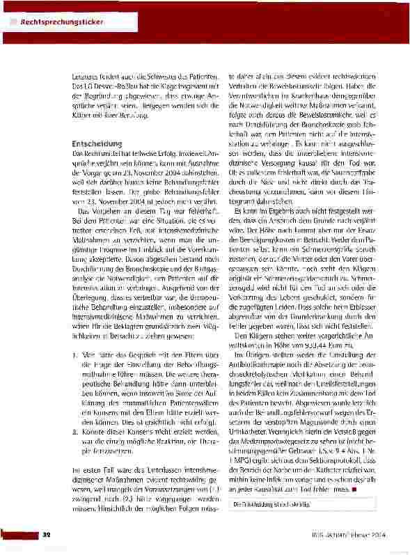 Vorschauseite 2: Fehlerhafte Behandlung eines Wachkomapatienten OLG Naumburg vom 22.8.2013 (1 U 118/11)