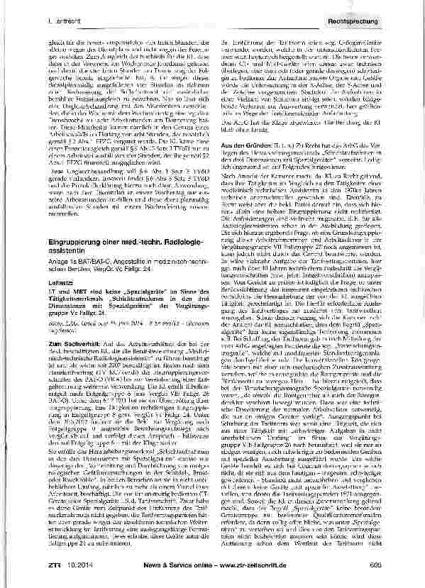 Vorschauseite 1: Eingruppierung einer med. -techn. Radiologie-assistentinAnlage 1a BAT/BAT-O, Angestellte in medizinisch-technischen Berufen, VergGr. Vc Fallgr. 24
