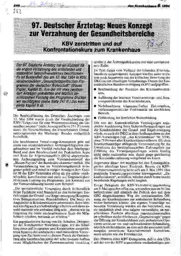 Vorschauseite 1: 97. Deutscher Ärztetag: Neues Konzept zur Verzahnung der Gesundheitsbereiche KBV zerstritten und auf Konfrontationskurs zum Krankenhaus