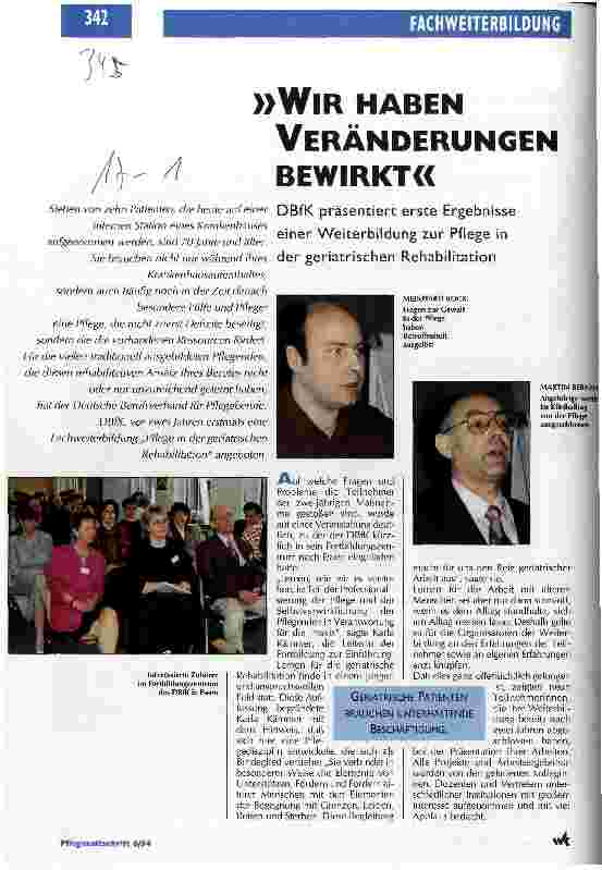 Vorschauseite 1: Wir haben Veränderungen bewirkt DBfK präsentiert erste Ergebnisse einer Weiterbildung zur Pflege (Geriatrie)