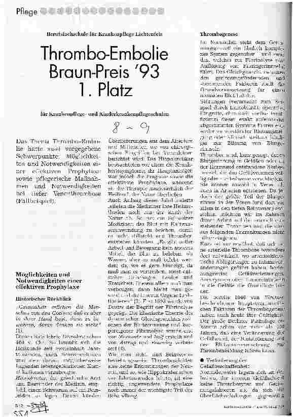 Vorschauseite 1: Thrombo-Embolie Braunpreis 93 1. Platz für Krankenpflegeund Kinderkrankenpflegeschulen
