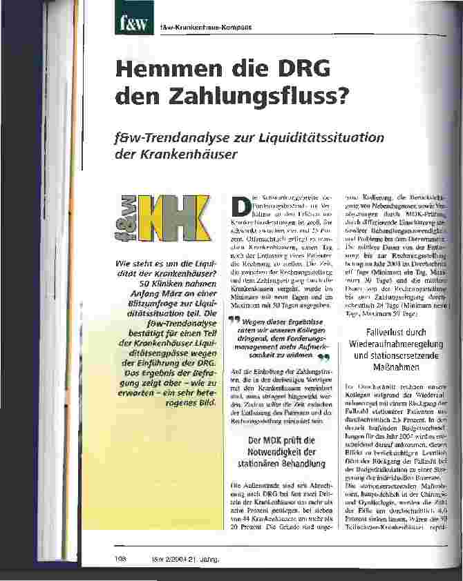 Vorschauseite 1: Hemmen die DRG den Zahlungsfluss? f&w-Trendanalyse zur Liquiditätssituation der Krankenhäuser