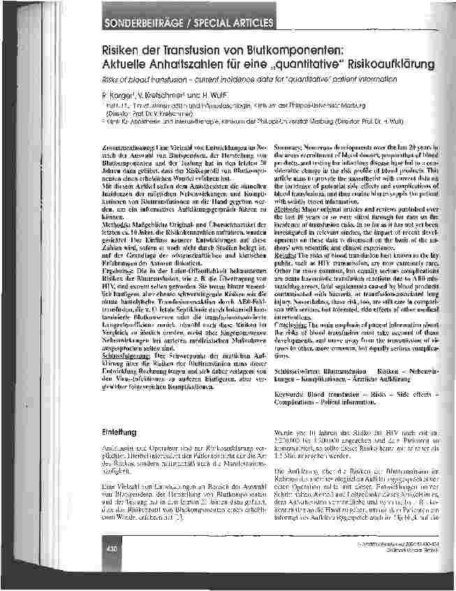 Vorschauseite 1: Risiken der Transfusion von Blutkomponenten: Aktuelle Anhaltszahlen für eine quantitative Risikoaufklärung