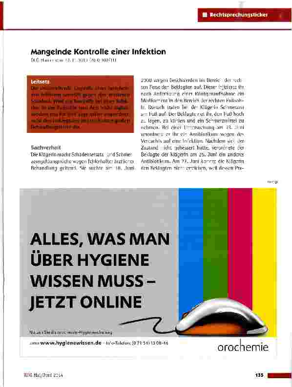 Vorschauseite 1: Mangelnde Kontrolle einer Infektion OLG Hamm vom 12.11.2013 (26 0 107/11)
