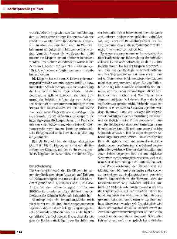 Vorschauseite 2: Mangelnde Kontrolle einer Infektion OLG Hamm vom 12.11.2013 (26 0 107/11)