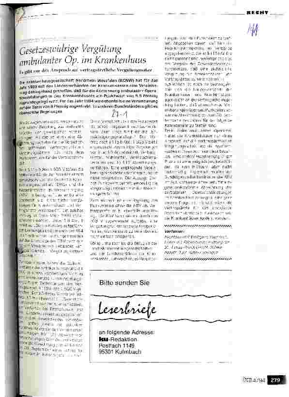 Vorschauseite 1: Gesetzeswidrige Vergütung ambulanter OP im Krankenhaus Es gibt nur den Anspruch auf vertragsärztliche Vergütungssätze
