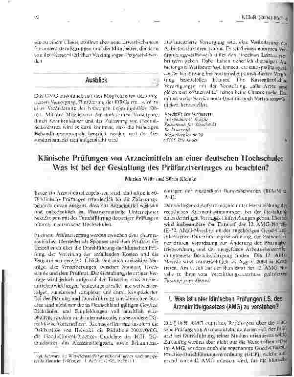 Vorschauseite 1: Klinische Prüfungen von Arzneimitteln an einer deutschen Hochschule: Was ist bei der Gestaltung des Prüfarztvertrages zu beachten?
