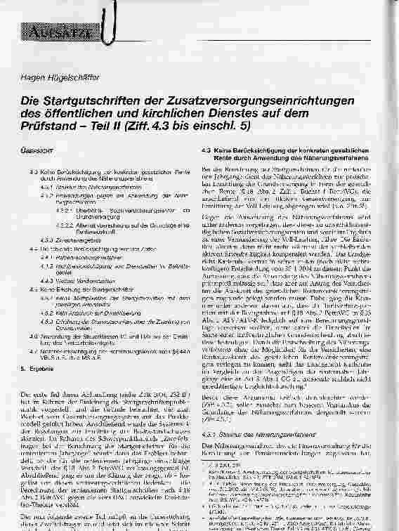 Vorschauseite 1: Die Startgutschriften der Zusatzversorgungseinrichtungen des öffentlichen und kirchlichen Dienstes auf dem Prüfstand - Teil II (Ziff. 4. 3 bis einschl. 5)