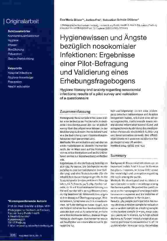 Vorschauseite 1: Hygienewissen und Ängste bezüglich nosokomialer Infektionen: Ergebnisse einer Pilot-Befragung und Validierung eines Erhebungsfragebogens