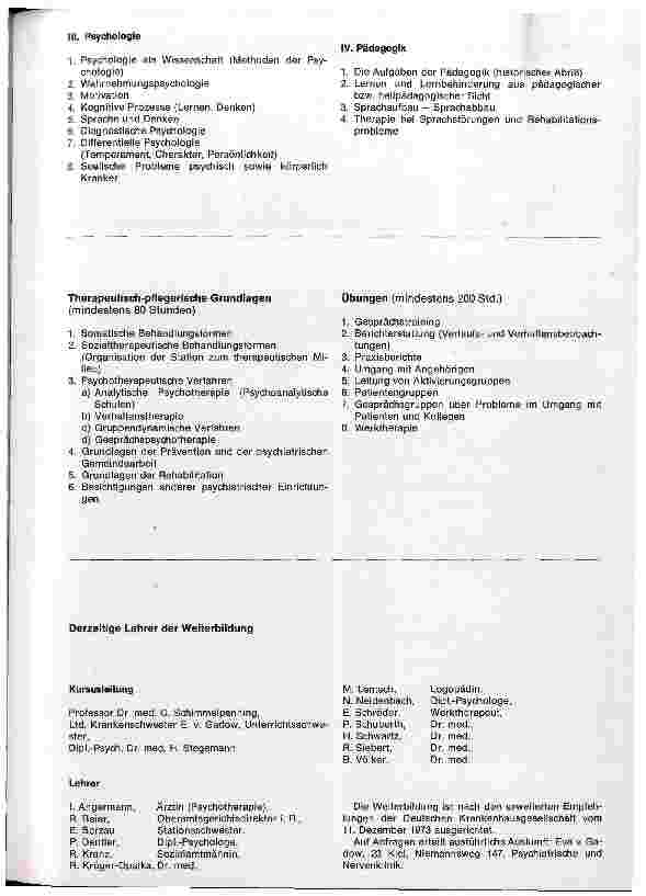 Vorschauseite 2: Rahmenlehrgang für die zweijährige Weiterbildung zur psychiatrischen Fachkrankenschwester/Pfleger an der Universitätsnervenklinik Kiel