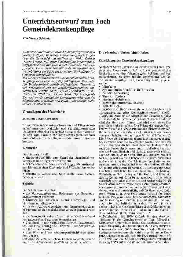Vorschauseite 1: Unterrichtsentwurf zum Fach Gemeindekrankenpflege