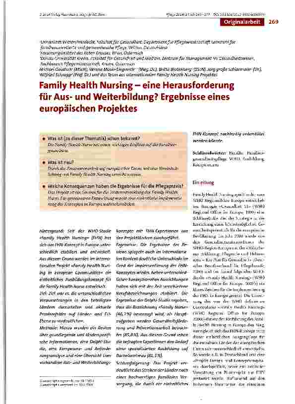 Vorschauseite 1: Family Health Nursing - eine Herausforderung für Ausund Weiterbildung? Ergebnisse eines europäischen Projektes