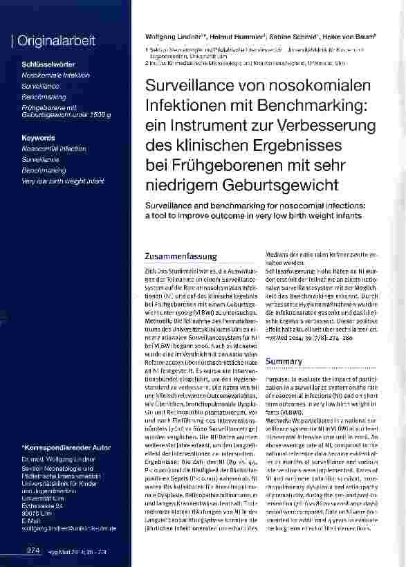 Vorschauseite 1: Surveillance von nosokomialen Infektionen mit Benchmarking: ein Instrument zur Verbesserung des klinischen Ergebnisses bei Frühgeborenen mit sehr niedrigem Geburtsgewicht