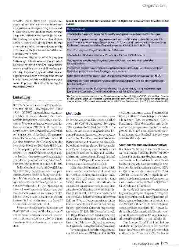Vorschauseite 2: Surveillance von nosokomialen Infektionen mit Benchmarking: ein Instrument zur Verbesserung des klinischen Ergebnisses bei Frühgeborenen mit sehr niedrigem Geburtsgewicht