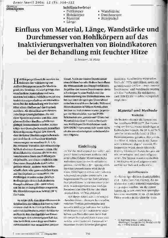 Vorschauseite 1: Einfluss von Material, Länge, Wandstärke und Durchmesser von Hohlkörpern auf das Inaktivierungsverhalten von Bioindikatoren bei der Behandlung mit feuchter Hitze