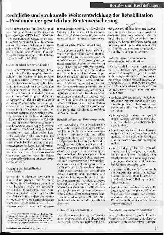 Vorschauseite 1: Rechtliche und strukturelle Weiterentwicklung der Rehabilitation - Positionen der gesetzlichen Rentenversicherung
