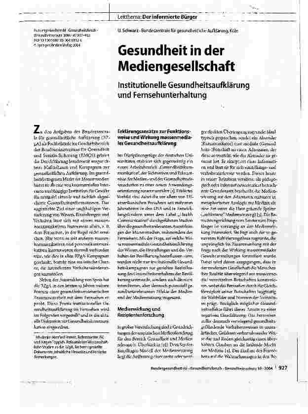 Vorschauseite 1: Gesundheit in der Mediengesellschaft. Institutionelle Gesundheitsaufklärung und Fernsehunterhaltung