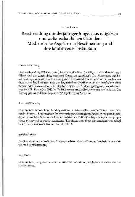 Vorschauseite 1: Beschneidung minderjähriger Jungen aus religiösen und weltanschaulichen Gründen Medizinische Aspekte der Beschneidung undihre kontroverse Diskussion