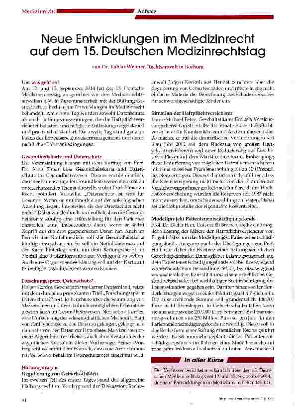 Vorschauseite 1: Neue Entwicklungen im Medizinrecht auf dem 15. Deutschen Medizinrechtstag
