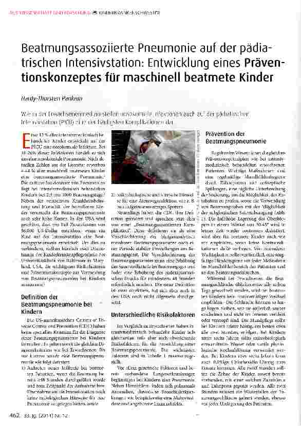 Vorschauseite 1: Beatmungsassoziierte Pneumonie auf der pädiatrischen Intensivstation: Entwicklung eines Präventionskonzeptes für maschinell beatmete Kinder