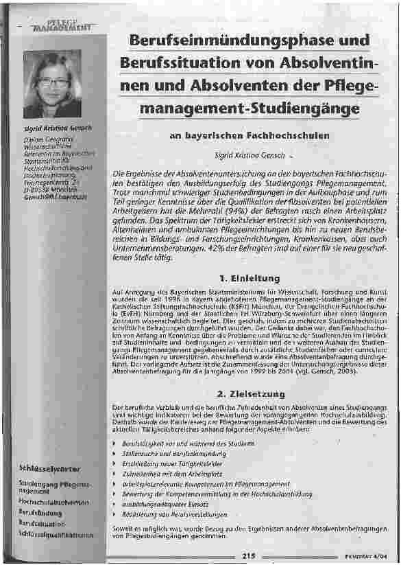 Vorschauseite 1: Berufseinmündungsphase und Berufssituation von Absolventinnen und Absolventen der Pflegemanagement-Studiengänge an bayerischen Fachhochschulen