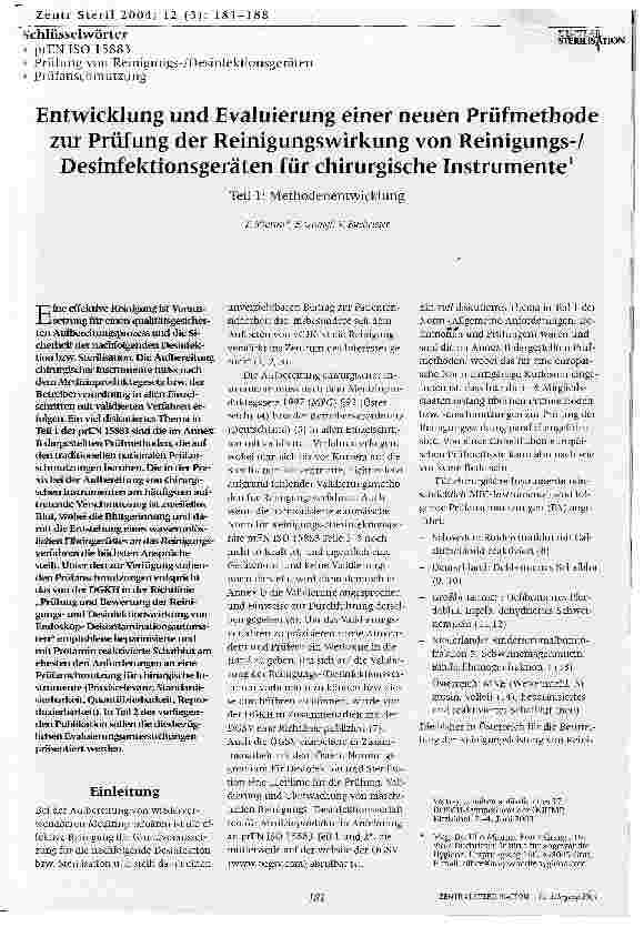 Vorschauseite 1: Entwicklung und Evaluierung einer neuen Prüfmethode zur Prüfung der Reinigungswirkung von Reinigungs-/ esinfektionsgeräten für chirurgische Instrumente Teil 1: Methodenentwicklung