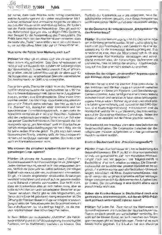 Vorschauseite 2: Die Krankenhäuser im Schlüsseljahr 2004 DKG-Präsident Wolfgang Pföhler im Interview mit das Krankenhaus-Chefredakteur Peter Ossen