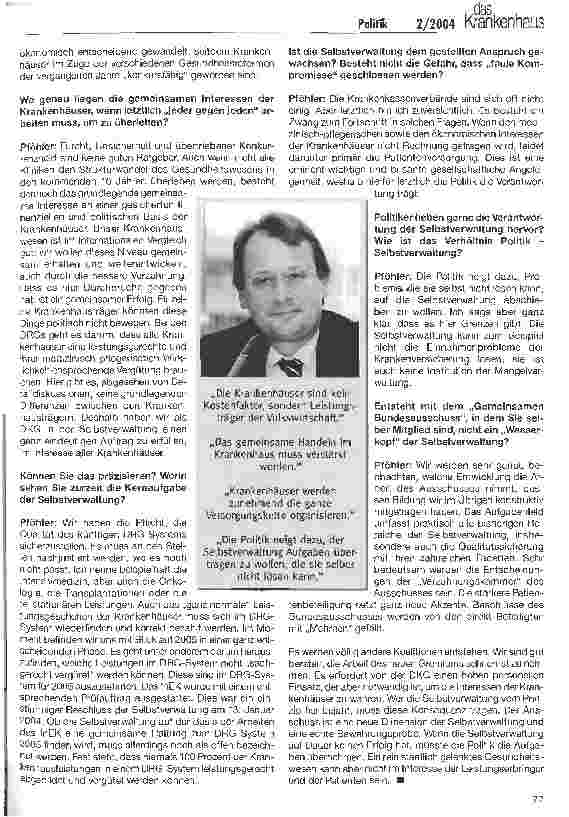 Vorschauseite 3: Die Krankenhäuser im Schlüsseljahr 2004 DKG-Präsident Wolfgang Pföhler im Interview mit das Krankenhaus-Chefredakteur Peter Ossen