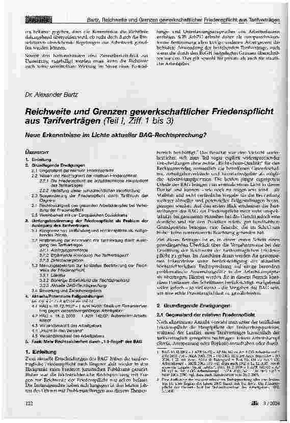 Vorschauseite 1: Reichweite und Grenzen gewerkschaftlicher Friedenspflicht aus Tarifverträgen (Teil 1, Ziff. 1 bis 3)