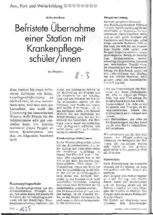 Vorschauseite 1: Befristete Übernahme einer Station mit KrankenpflegeschülerInnen Ein Projekt