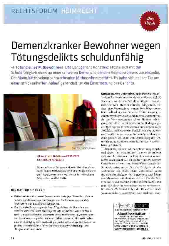 Vorschauseite 1: Demenzkranker Bewohner wegen Tötungsdelikts schuldunfähig