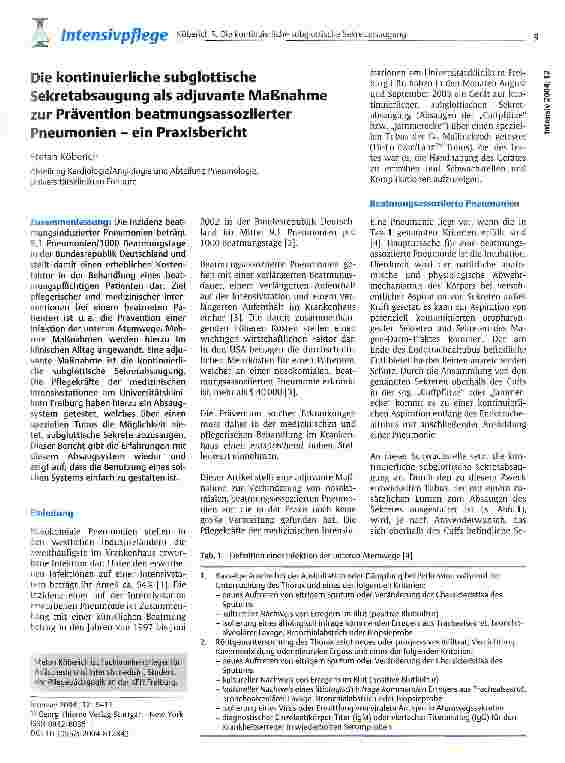 Vorschauseite 1: Die kontinuierliche subglottische Sekretabsaugung als adjuvante Maßnahme zur Prävention beatmungsassoziierter Pneumonien Ein Praxisbericht