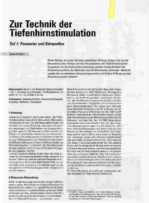 Vorschauseite 1: Zur Technik der TiefenhirnstimulationTeil 1: Parameter und Störquellen