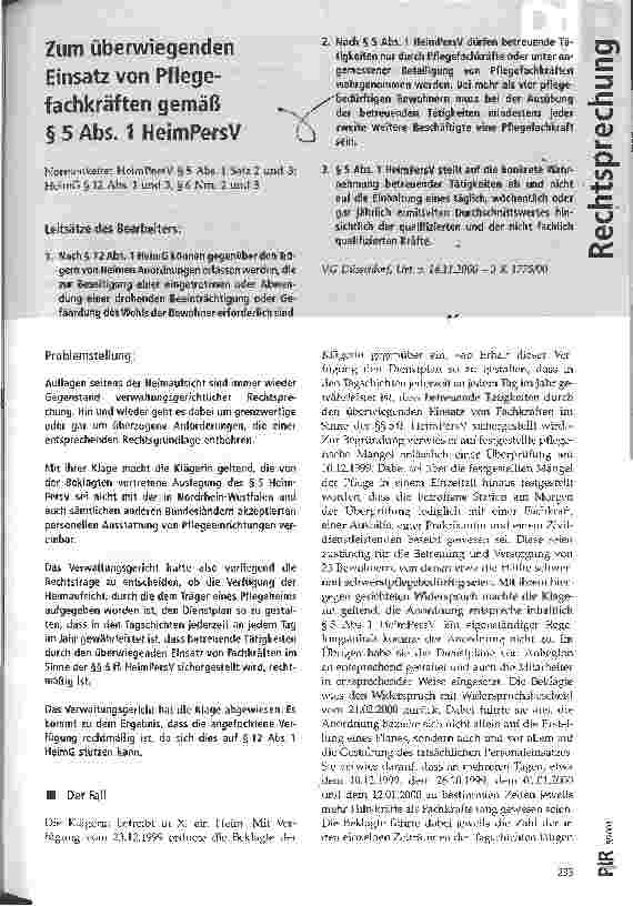 Vorschauseite 1: Zum überwiegenden Einsatz von Pflegefachkräften gemäß § 5 Abs. 1 HeimPersV