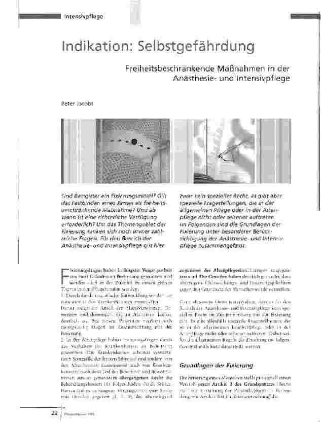Vorschauseite 1: Indikation: SelbstgefährdungFreiheitsbeschränkende Maßnahmen in der Anästhesieund Intensivpflege