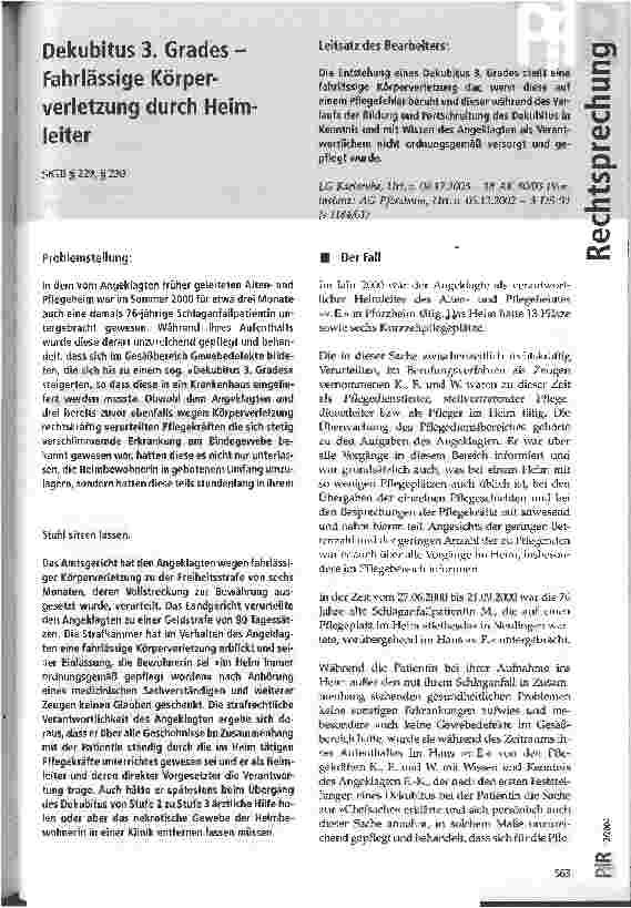 Vorschauseite 1: Dekubitus 3. Grades -Fahrlässige Körperverletzung durch Heim leiter