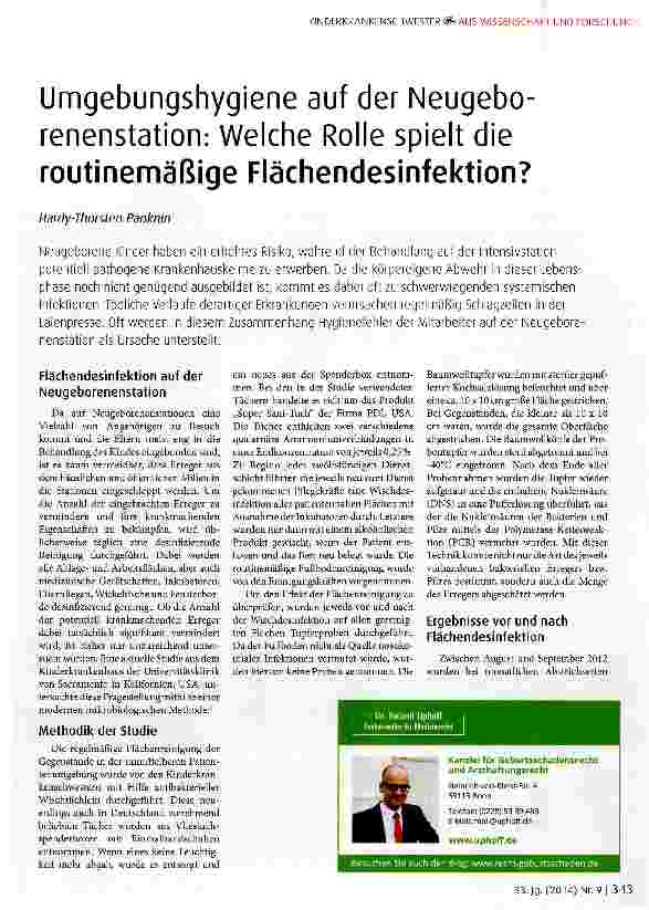 Vorschauseite 1: Umgebungshygiene auf der Neugeborenenstation: Welche Rolle spielt die routinemäßige Flächendesinfektion?