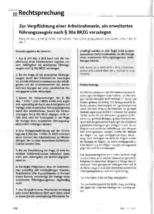 Vorschauseite 1: Zur Verpflichtung einer Arbeitnehmerin, ein erweitertes Führungszeugnis nach § 30a BRZG vorzulegen