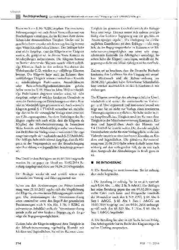 Vorschauseite 5: Zur Verpflichtung einer Arbeitnehmerin, ein erweitertes Führungszeugnis nach § 30a BRZG vorzulegen