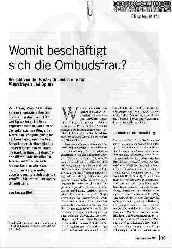 Vorschauseite 1: Womit beschäftigt sich die Ombudsfrau? Bericht von der Basler Ombudsstelle für Altersfragen und Spitex