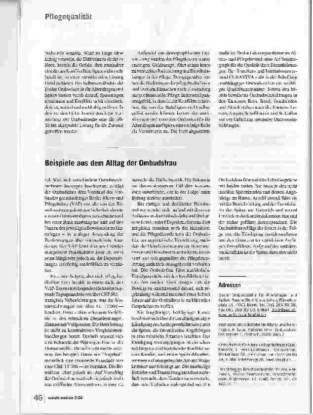 Vorschauseite 4: Womit beschäftigt sich die Ombudsfrau? Bericht von der Basler Ombudsstelle für Altersfragen und Spitex