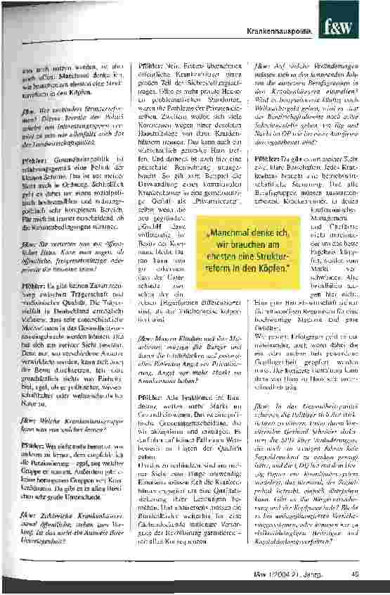 Vorschauseite 2: Pföhlers Vision: Die Finanzierung der Krankenhäuser soll sich an ihrem gesundheitspolitischen Auftrag orientieren