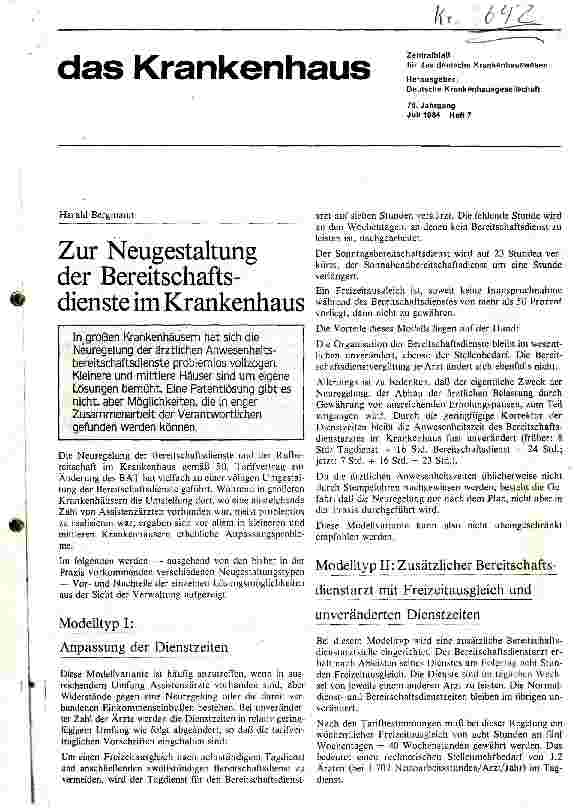 Vorschauseite 1: Zur Neugestaltung des Bereitschaftsdienstes im Krankenhaus