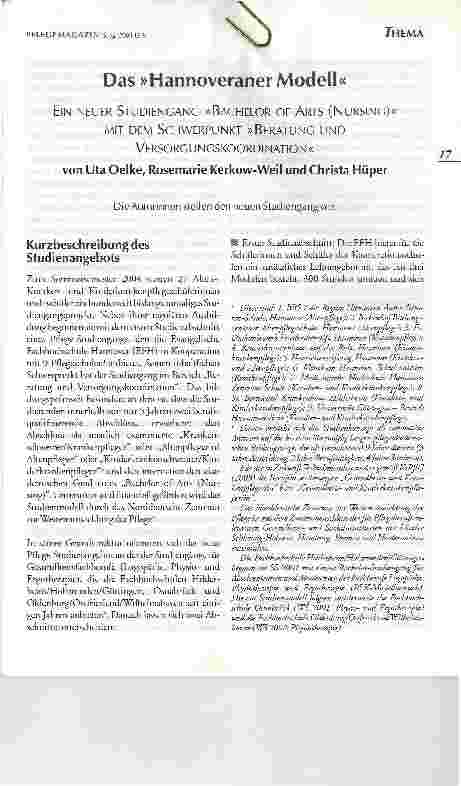 Vorschauseite 1: Das Hannoveraner ModellEIN NEUER STUDIENGANG BACHELOR OF ARTS (NURSING) MIT DEM SCHWERPUNKT BERATUNG UND VERSORGUNGSKOORDINATION