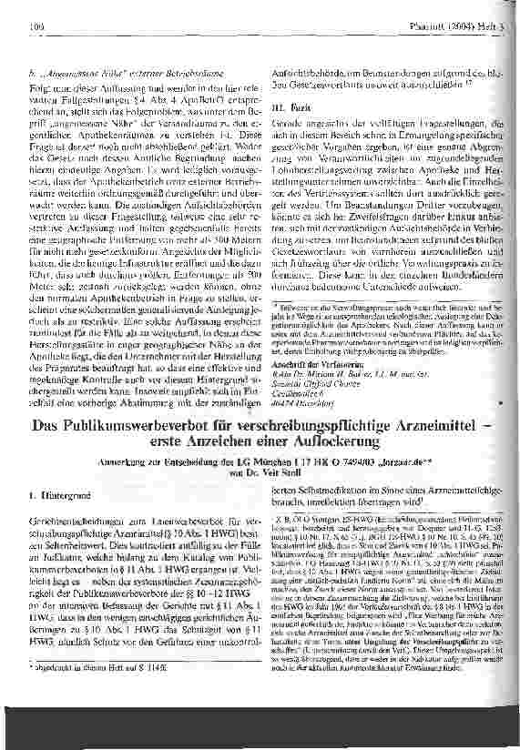 Vorschauseite 1: Das Publikumswerbeverbot für verschreibungspflichtige Arzneimittel - erste Anzeichen einer Auflockerung Anmerkung zur Entscheidung des LG München I 17 HK O 7494/03