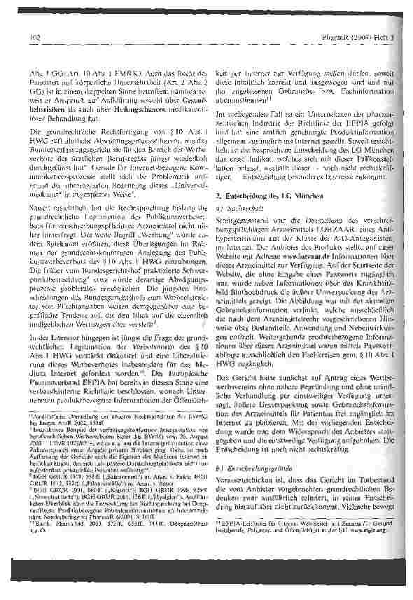 Vorschauseite 3: Das Publikumswerbeverbot für verschreibungspflichtige Arzneimittel - erste Anzeichen einer Auflockerung Anmerkung zur Entscheidung des LG München I 17 HK O 7494/03