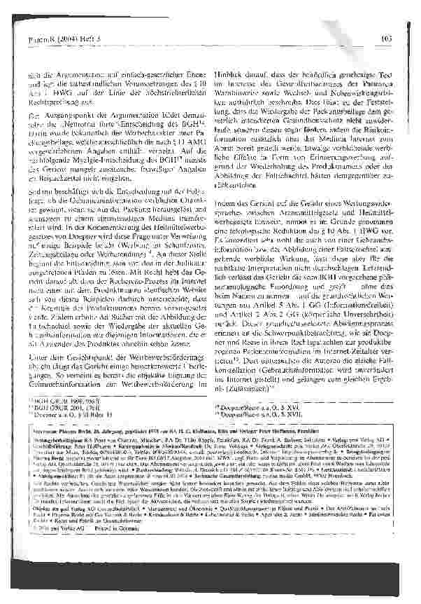 Vorschauseite 4: Das Publikumswerbeverbot für verschreibungspflichtige Arzneimittel - erste Anzeichen einer Auflockerung Anmerkung zur Entscheidung des LG München I 17 HK O 7494/03