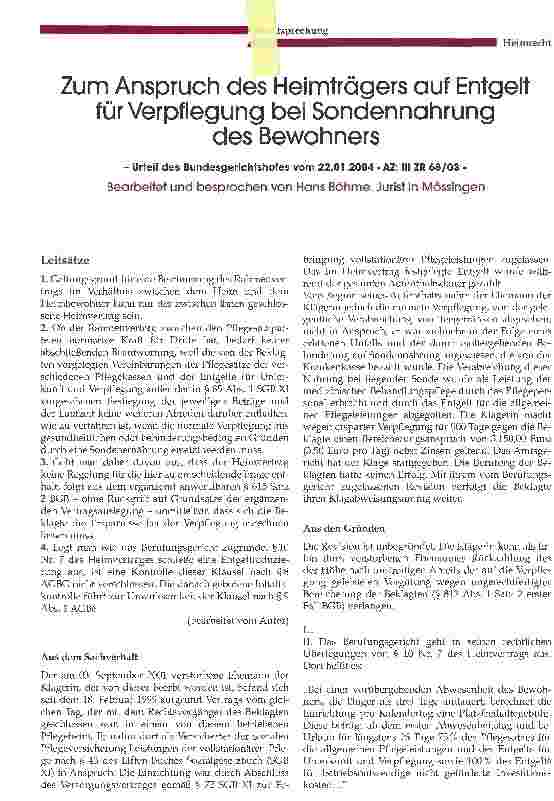Vorschauseite 1: Zum Anspruch des Heimträgers auf Entgelt für Verpflegung bei Sondennahrung des Bewohners