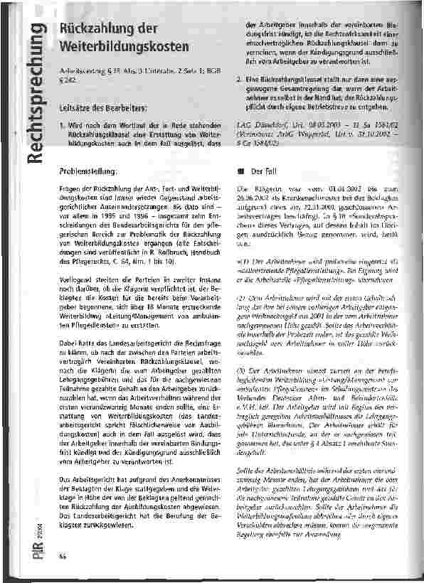 Vorschauseite 1: Rückzahlung der Weiterbildungskosten LAG Düsseldorf, Urteil vom 08.05.2003