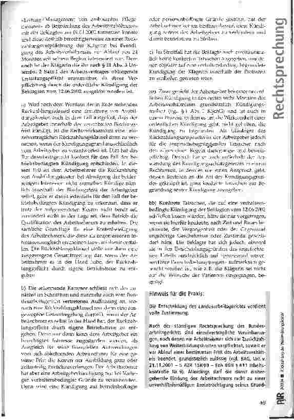 Vorschauseite 4: Rückzahlung der Weiterbildungskosten LAG Düsseldorf, Urteil vom 08.05.2003